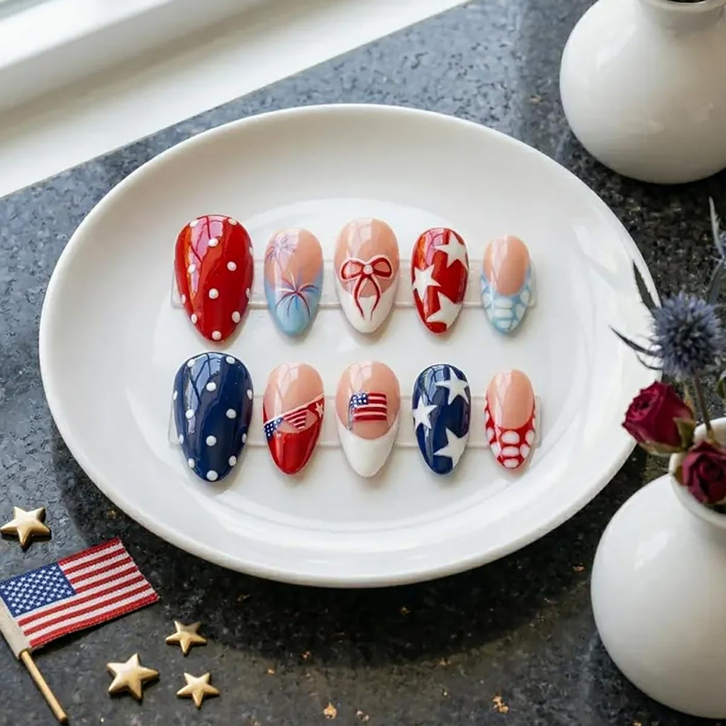 30 pcs American Independence Day polka dot butterfly Almond Nails