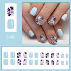 24pcs Short Glossy Square nails with light blue floral