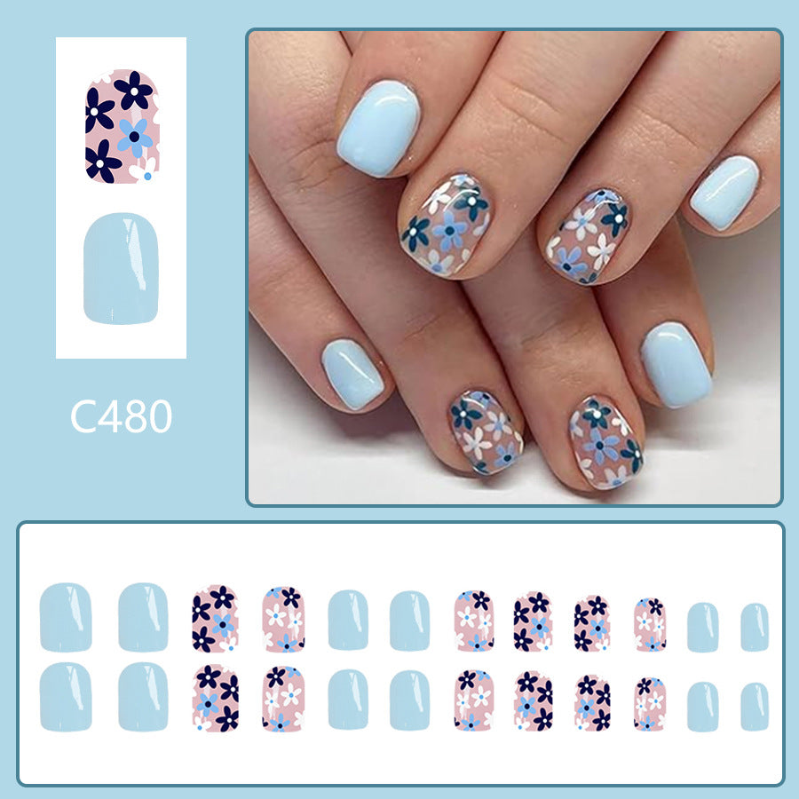 24pcs Short Glossy Square nails with light blue floral