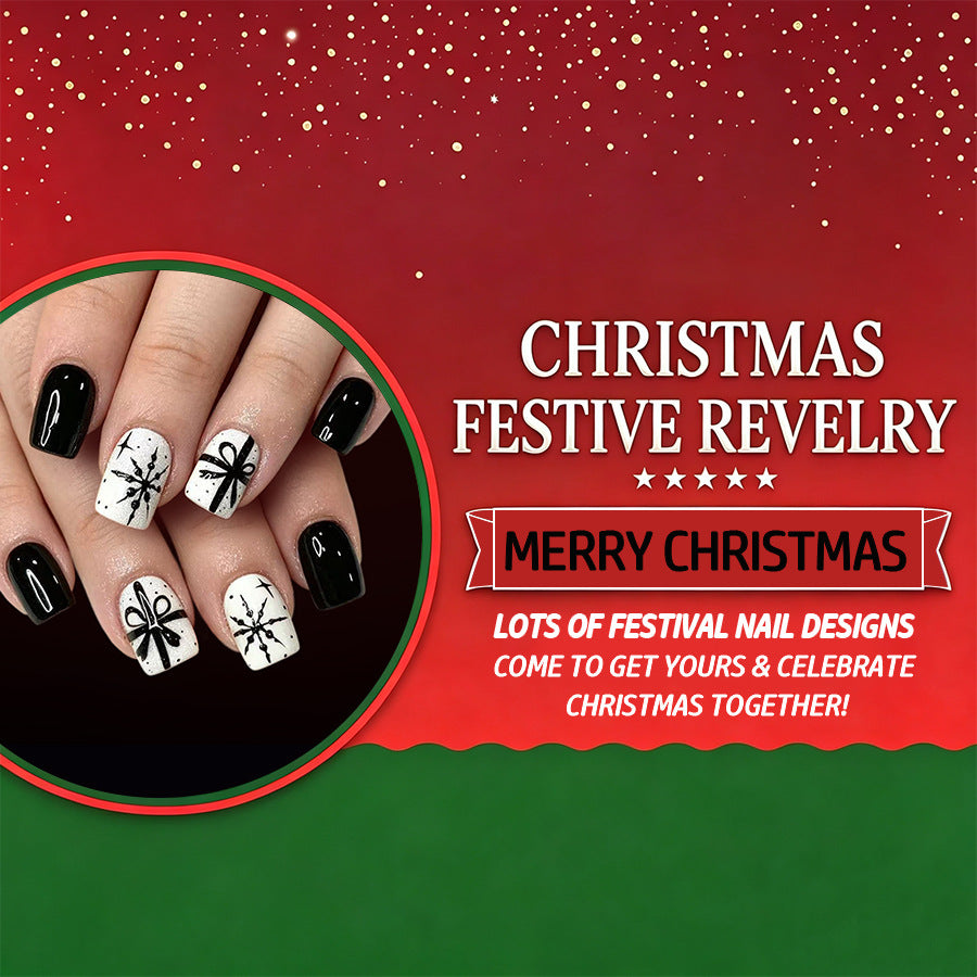 24pcs Short Square Black and white snowflake Christmas Nails