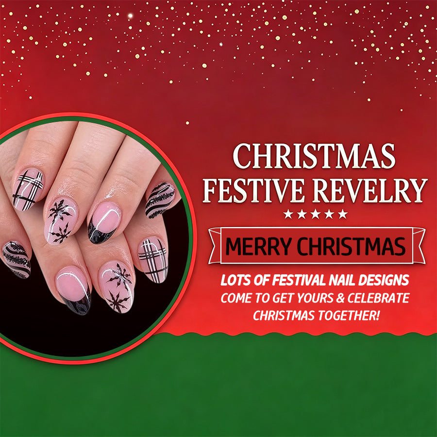 24pcs Short Oval Black French tip Glitter Plaid Christmas nails