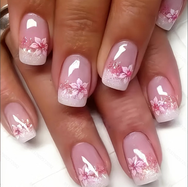 24pcs French-style flower Glitter short nails