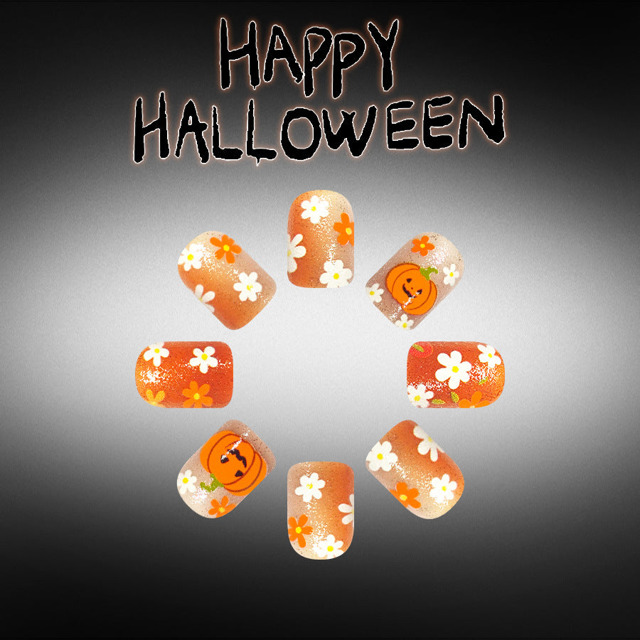 24pcs Short Square Orange pumpkin Halloween Nails