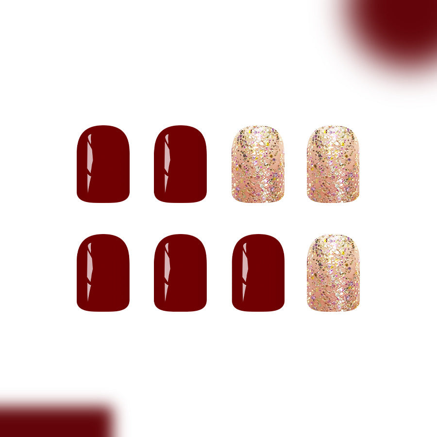 24pcs Short Square wine Red Glittering Powder nails