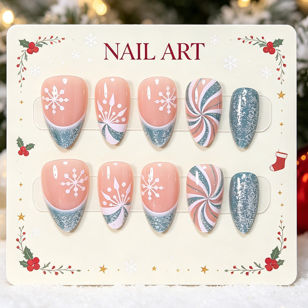 24pcs Greenish-blue French White Striped Snowflake Nails