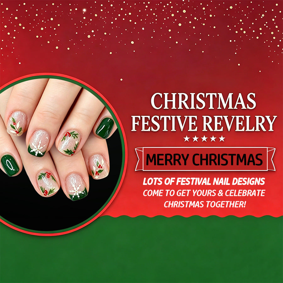 24pcs Short Square Snowflake Green French Christmas Nails