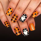 24pcs Short Square Halloween Orange-black Polka dot nails