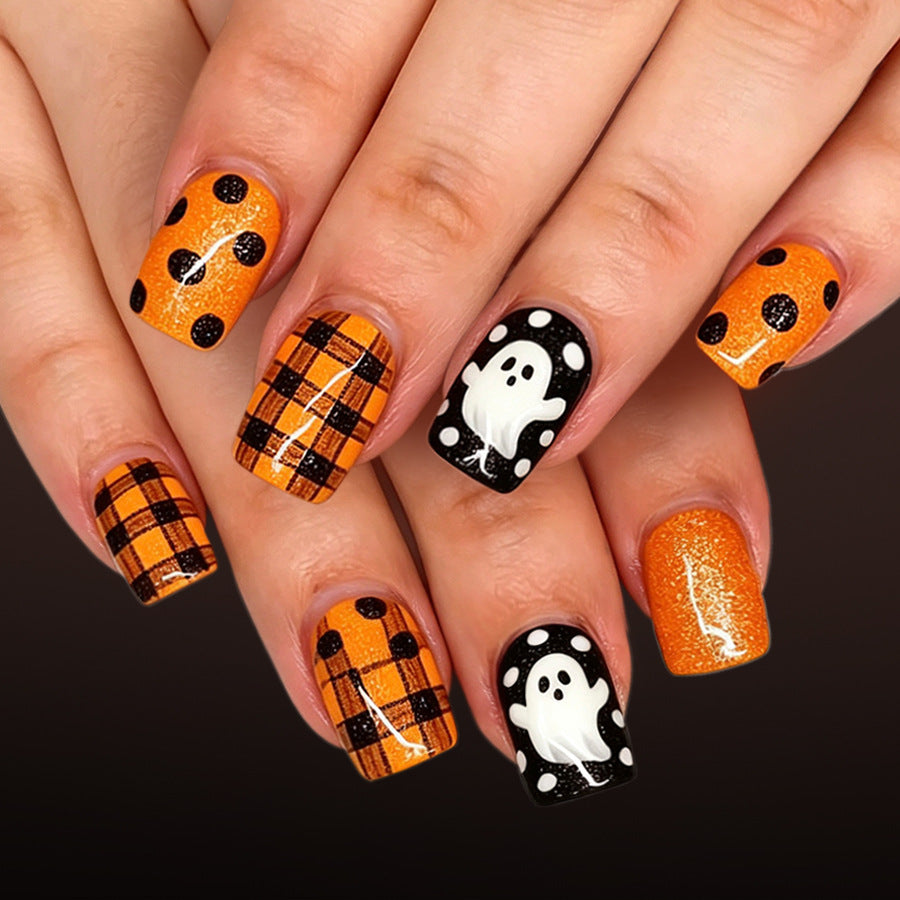 24pcs Short Square Halloween Orange-black Polka dot nails