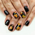 24pcs Short Black Glitter Leaf pattern Thanksgiving Nails
