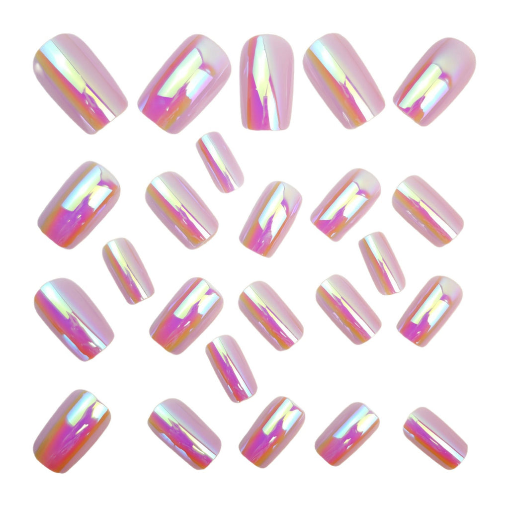 24pcs Long Rectangular Pink Aurora Nails