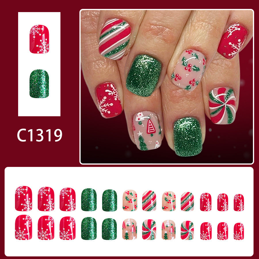 24pcs Short Square Christmas tree with Snowflake Pattern Stripes Glittering pink Nails