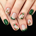 24pcs Short Square Snowflake Green French Christmas Nails