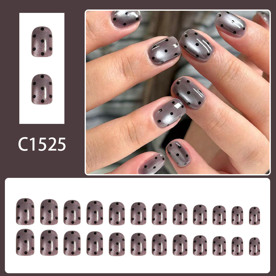 24pcs Black Polka dot gray Cat eye Nails
