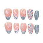 24pcs Greenish-blue French White Striped Snowflake Nails