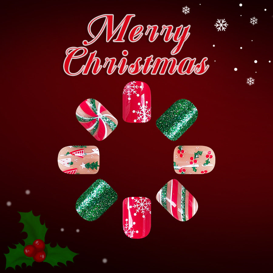 24pcs Short Square Christmas tree with Snowflake Pattern Stripes Glittering pink Nails
