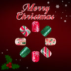 24pcs Short Square Christmas tree with Snowflake Pattern Stripes Glittering pink Nails
