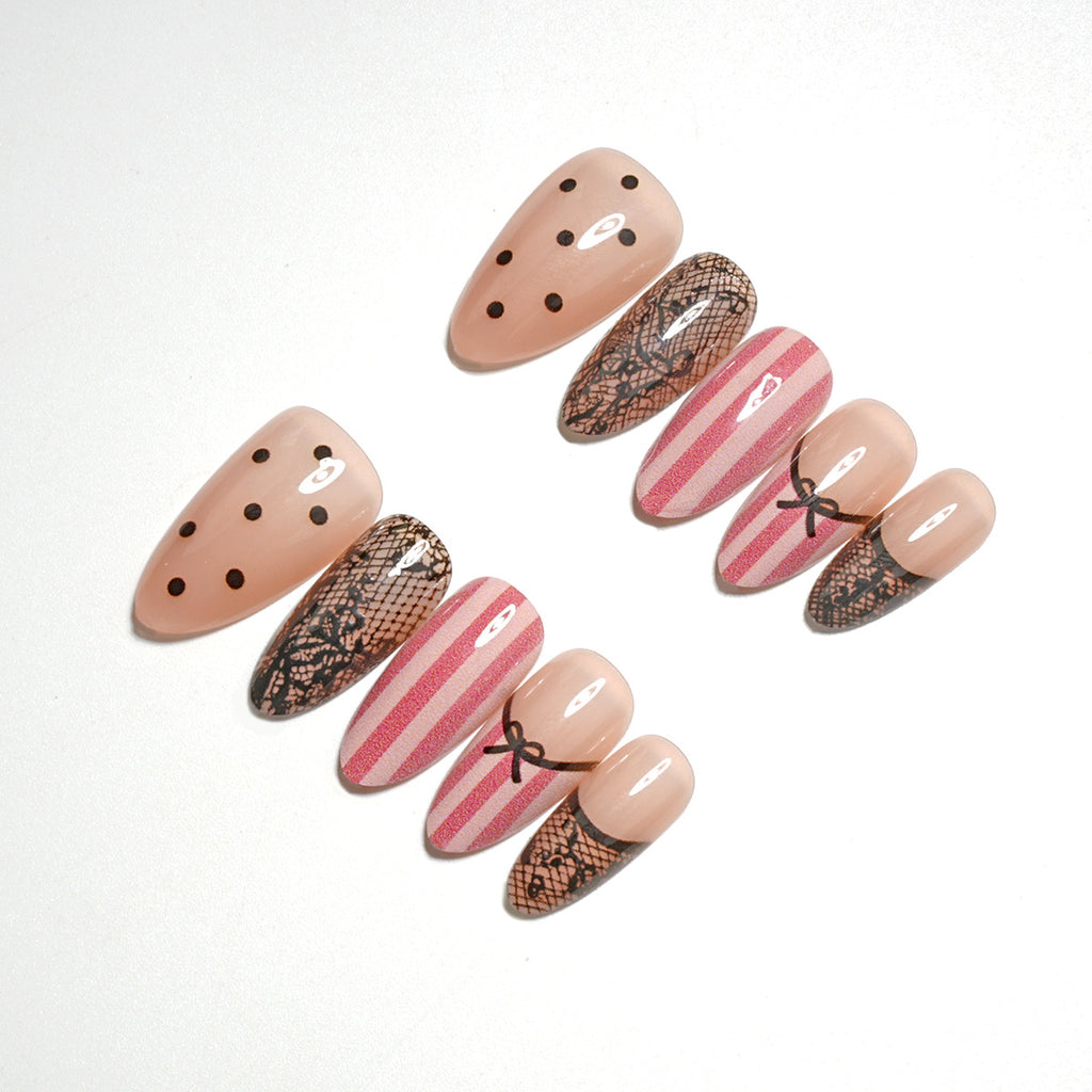 30pcs Black Lace Polka dot Stripe Almond Nails