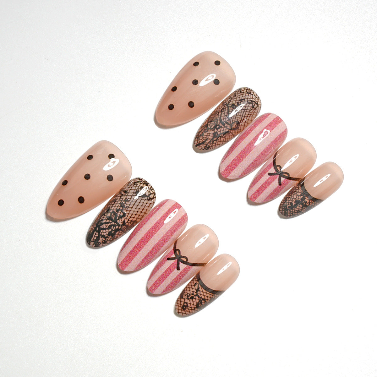 30pcs Black Lace Polka dot Stripe Almond Nails