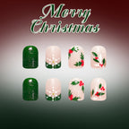 24pcs Short Square Snowflake Green French Christmas Nails