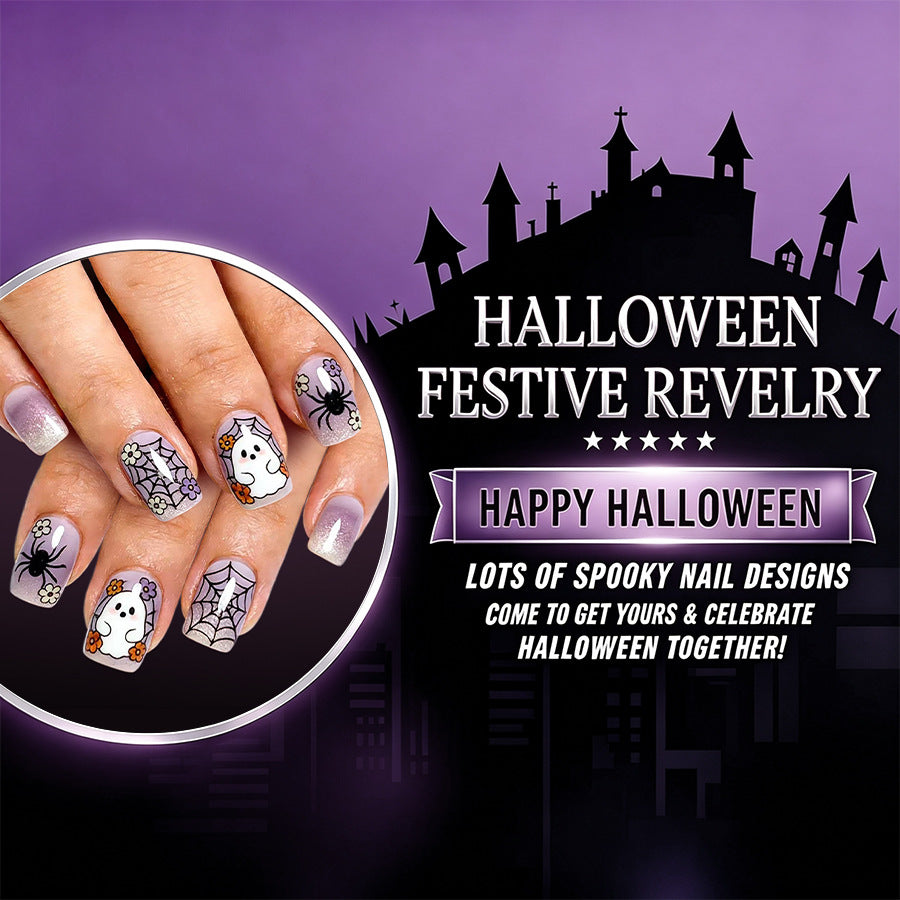 24pcs Short Square purple Halloween Spider Nails
