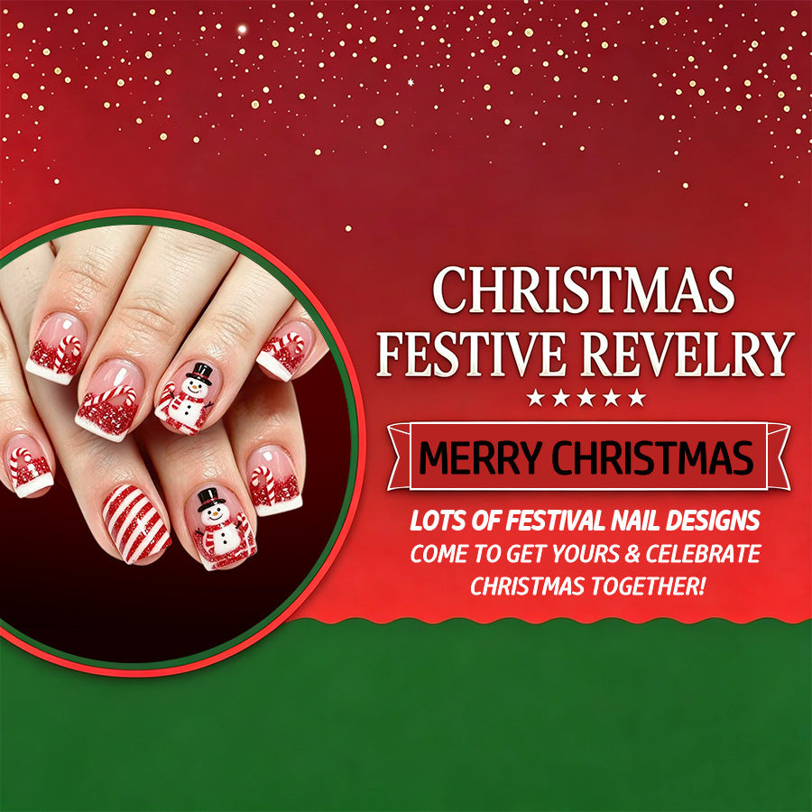 24pcs Short Square Red-white French Stripe Glitter Christmas Nails