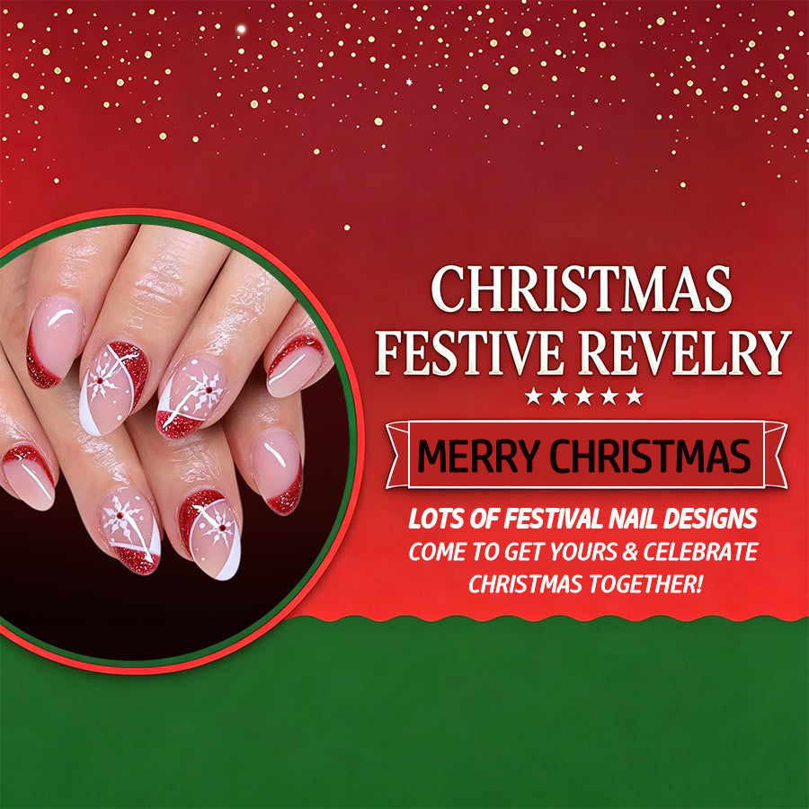 24pcs Short Oval French Snowflake Glitter Christmas nails