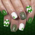 Short Square Saint Patrick's Day Green-striped Four-leaf Nails