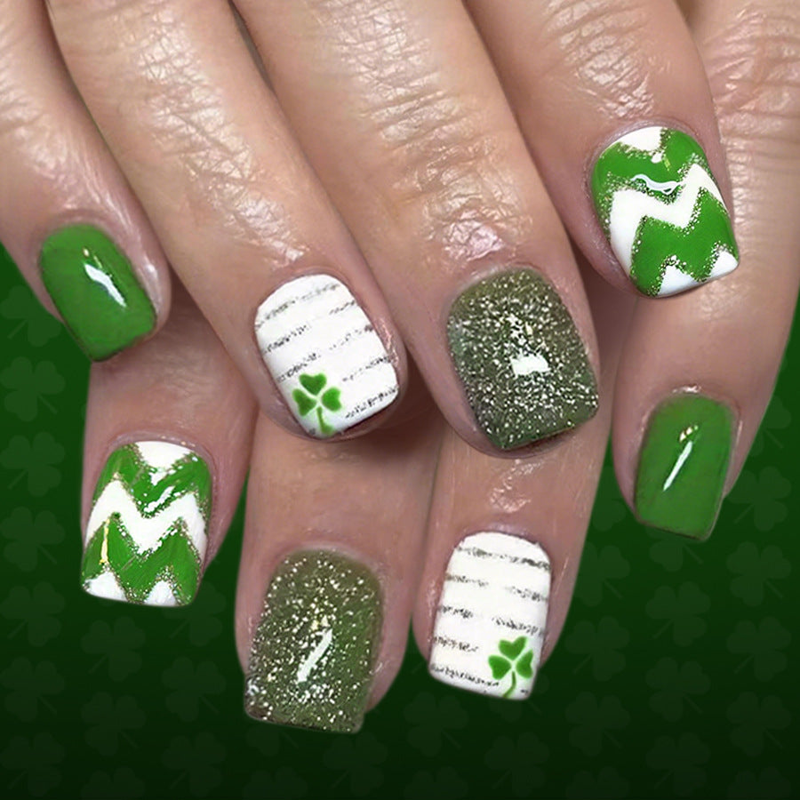 Short Square Saint Patrick's Day Green-striped Four-leaf Nails