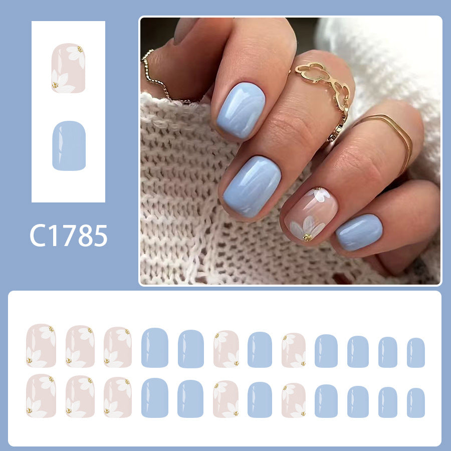 24pcs Short Square Nail Light Blue Flower Glitter