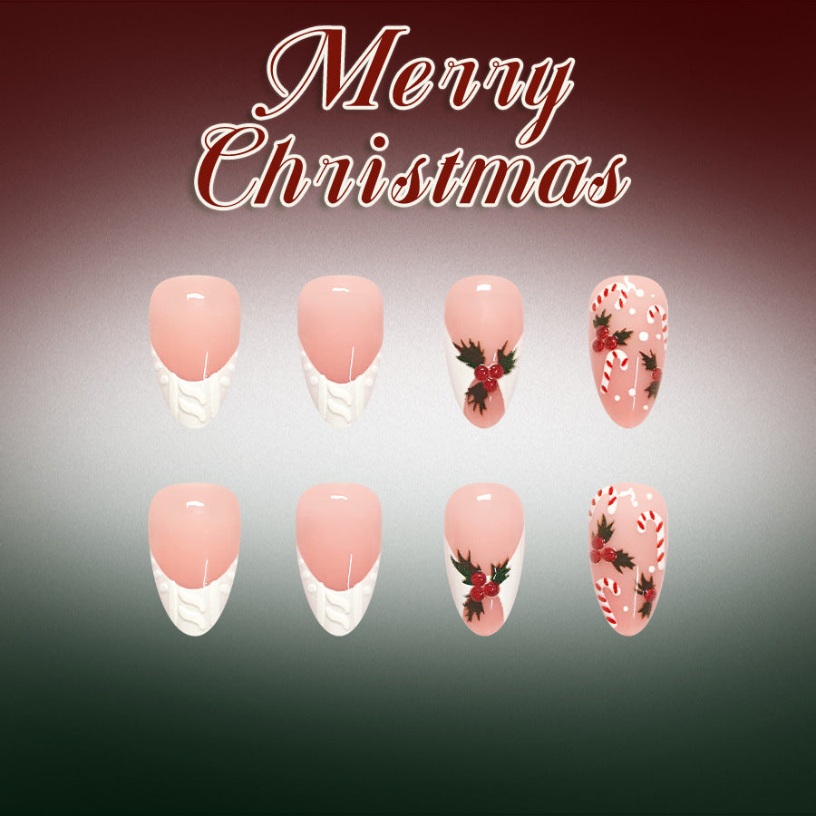 24pcs Short Almond-white French candy Christmas Nails