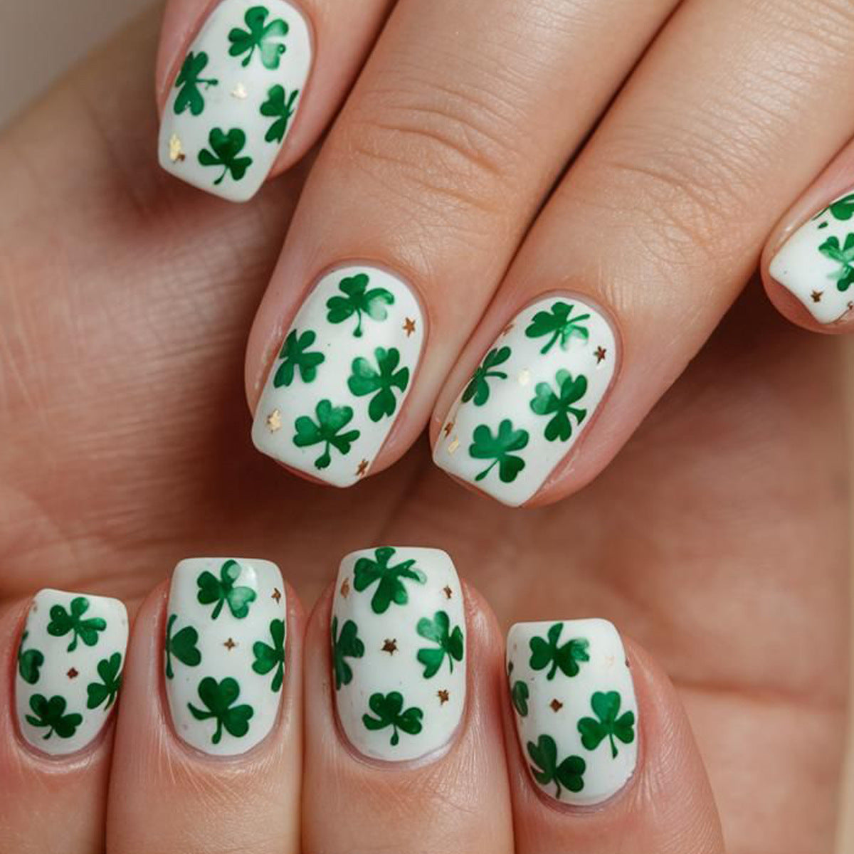24pcs St. Patrick's Short Square White Four-leaf Stars Nails