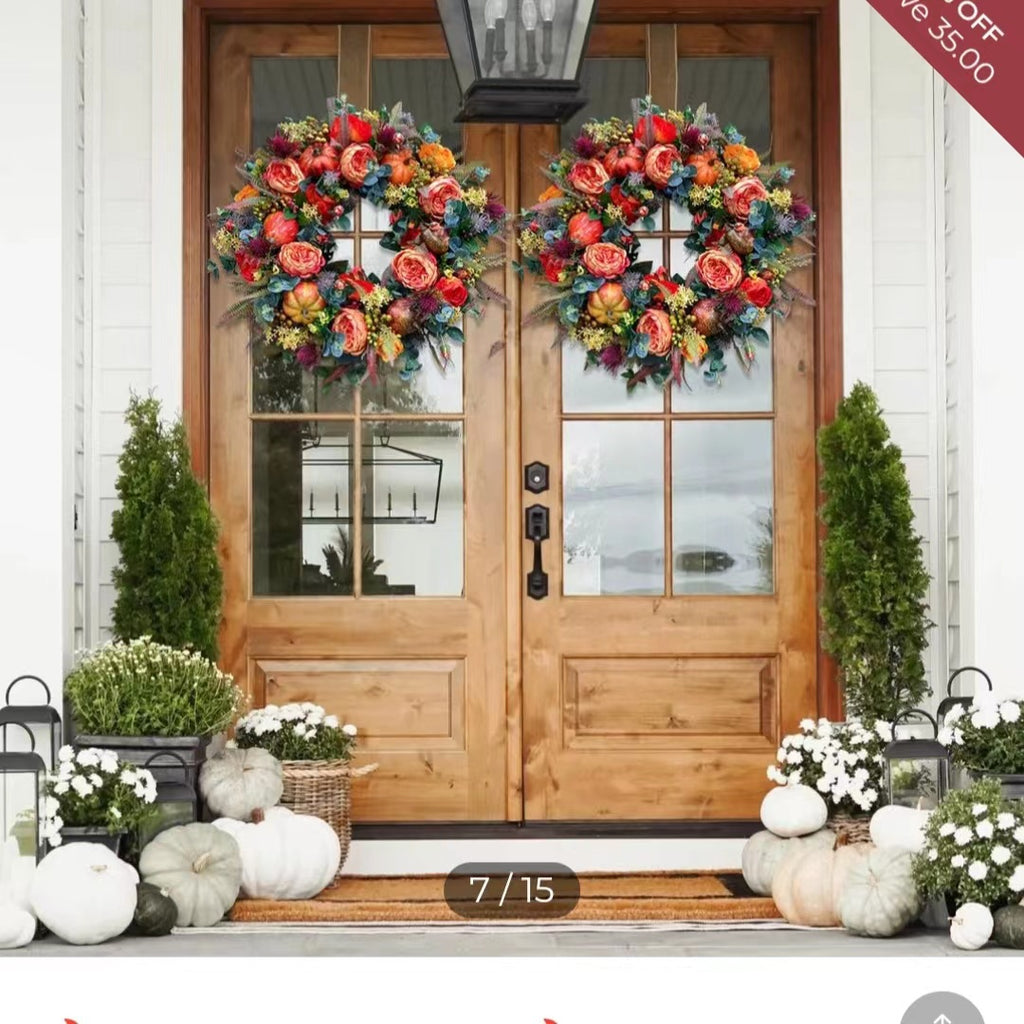 Autumn floral wreath door decoration with pumpkin vine ring door hanging Thanksgiving twine ornaments