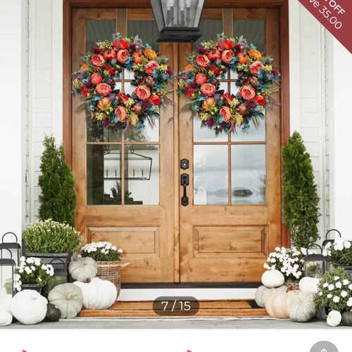 Autumn floral wreath door decoration with pumpkin vine ring door hanging Thanksgiving twine ornaments