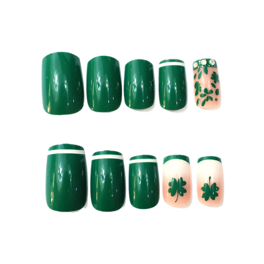 24pcs Fresh Green Diamond French St. Patrick's Day Nails