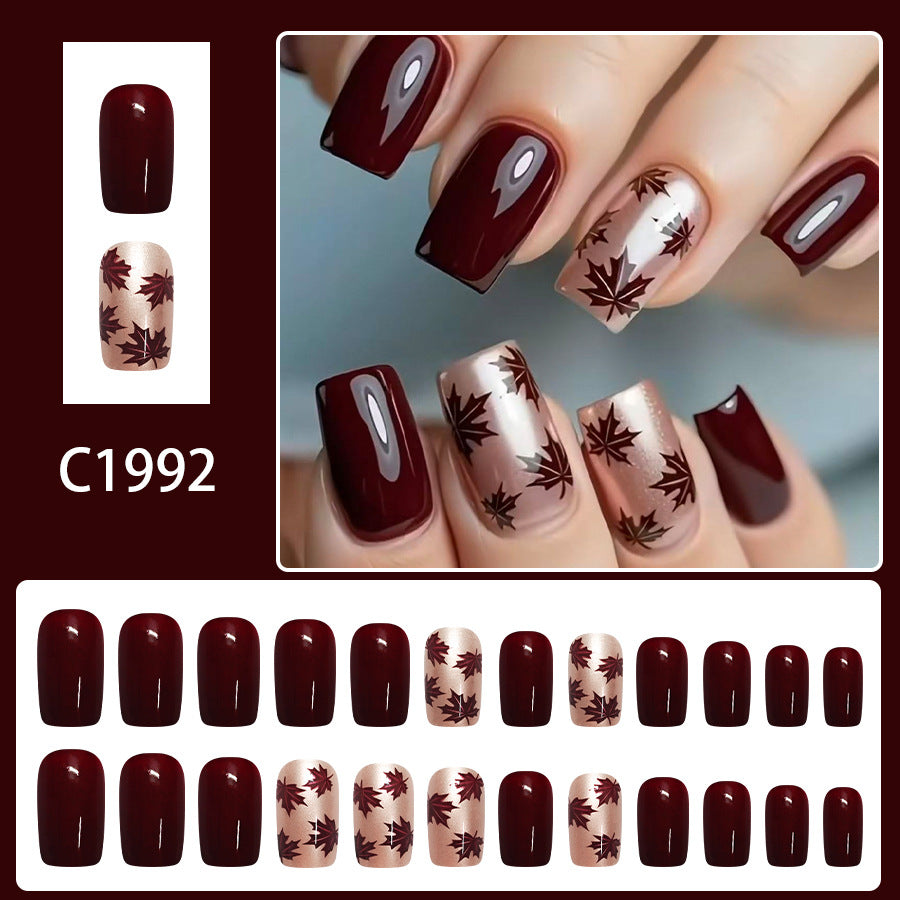 24pcs Short Square Wine Red Maple leaf Nails