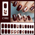 24pcs Short Square Wine Red Maple leaf Nails