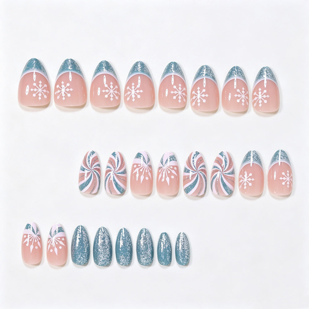 24pcs Greenish-blue French White Striped Snowflake Nails