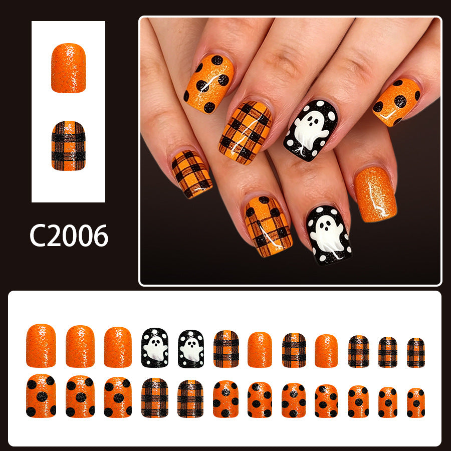 24pcs Short Square Halloween Orange-black Polka dot nails