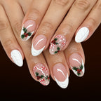 24pcs Short Almond-white French candy Christmas Nails
