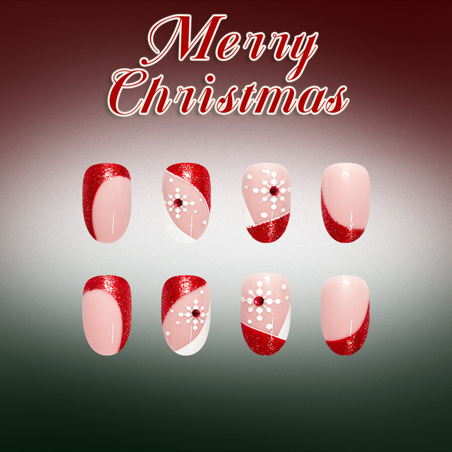 24pcs Short Oval French Snowflake Glitter Christmas nails