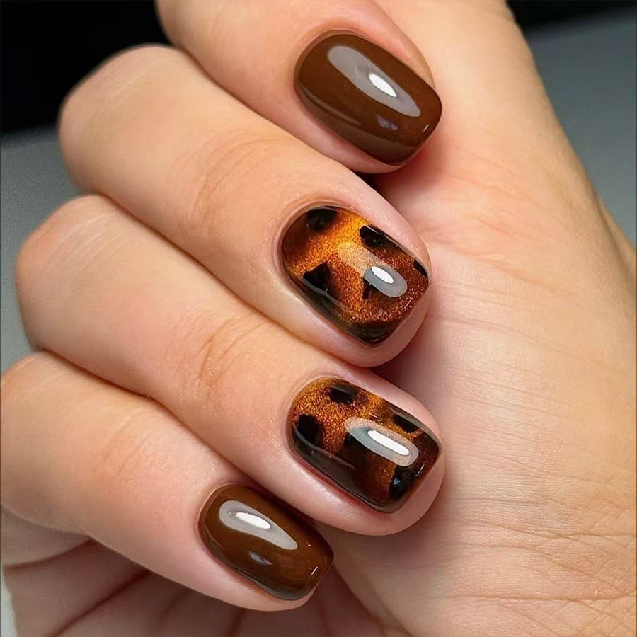 Short Square Brown Cat-eye Nails