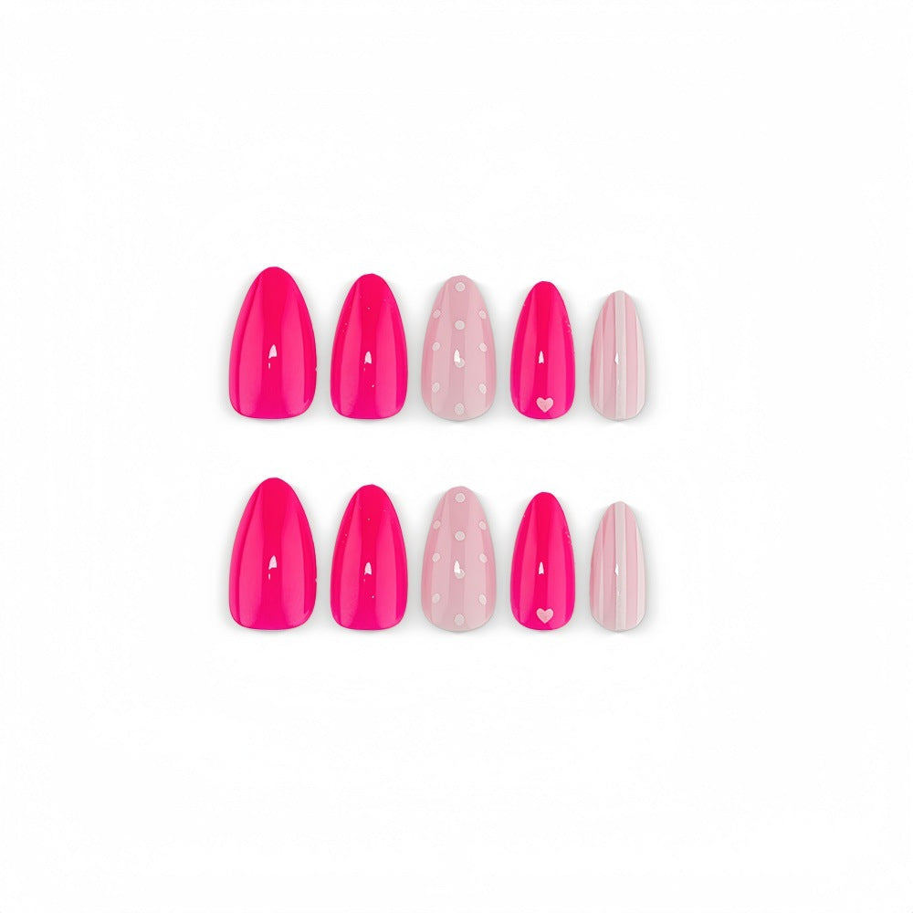 24pcs Pink heart-shaped dotted Almond Nails