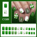 Short Square Saint Patrick's Day Green-striped Four-leaf Nails