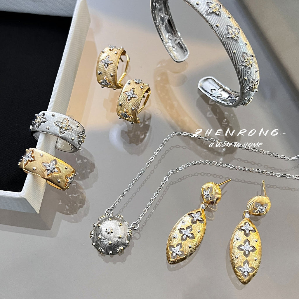 Two-color gold craftsmanship fabric finger ring, genuine gold electroplated earrings, necklace, bracelet, for women