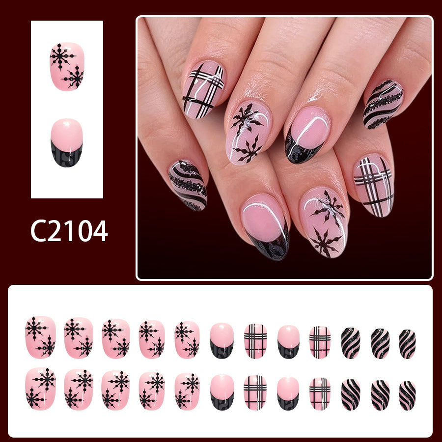 24pcs Short Oval Black French tip Glitter Plaid Christmas nails