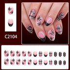 24pcs Short Oval Black French tip Glitter Plaid Christmas nails