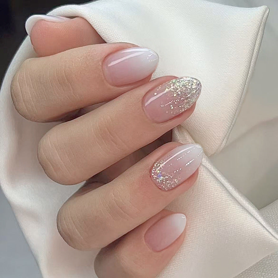 24pcs Short Oval Glitter White-gradient French Press on nails