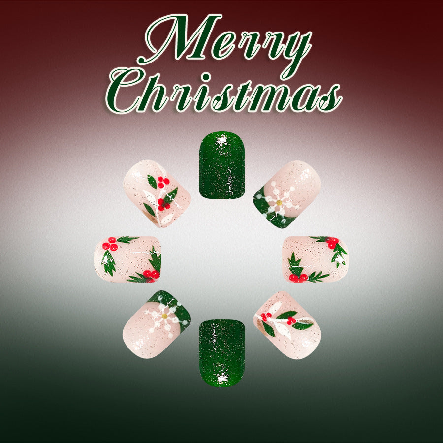 24pcs Short Square Snowflake Green French Christmas Nails