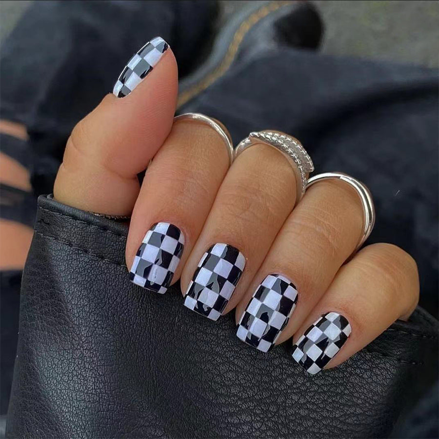 24pcs Short Square black-white striped Nails
