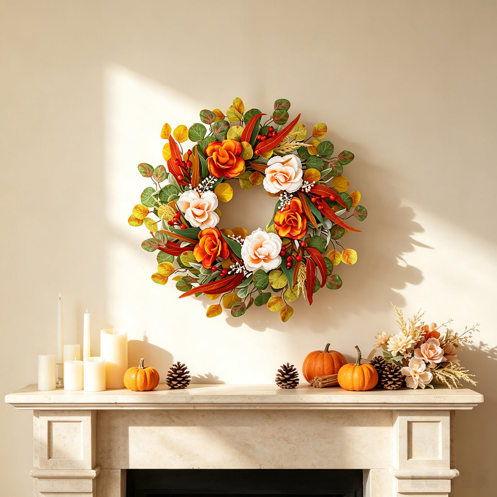 24 inch Simulation of rose autumn leaves flower wreath for door hanging courtyard front porch decoration